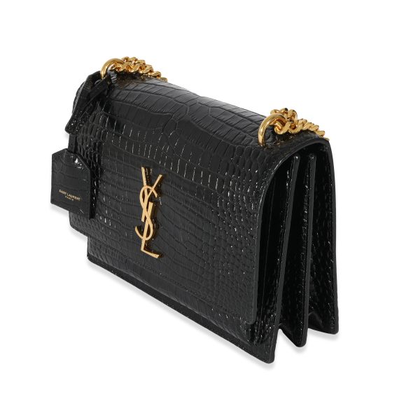 128463 sv Saint Laurent Crocodile Embossed Black Medium Monogram Sunset