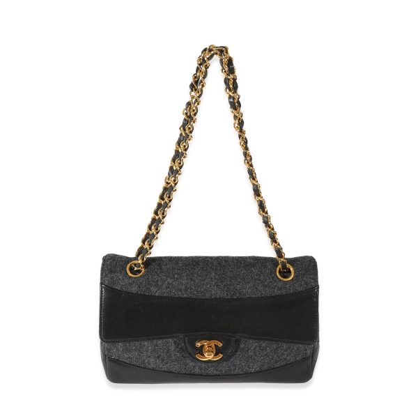 128499 bv Chanel Vintage Black Lambskin Grey Felt Classic Flap Bag