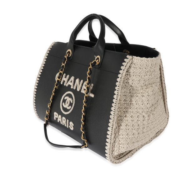 128747 sv Chanel Chanel Black Leather Crochet Deauville Tote