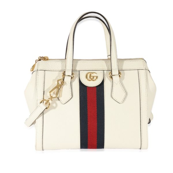 129304 fv Gucci White Leather Small Ophidia Web Top Handle Tote