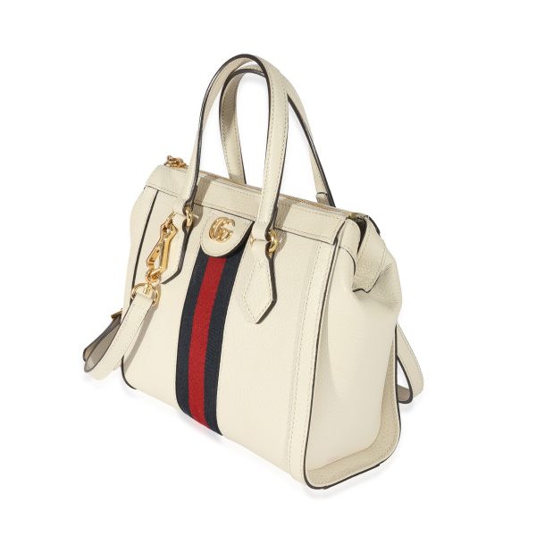 129304 sv Gucci White Leather Small Ophidia Web Top Handle Tote