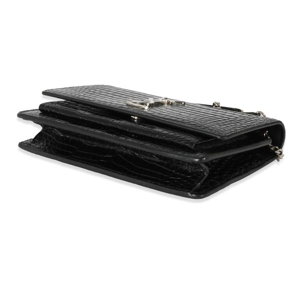 129313 box Saint Laurent Black Croc Embossed Small Sunset Chain Wallet