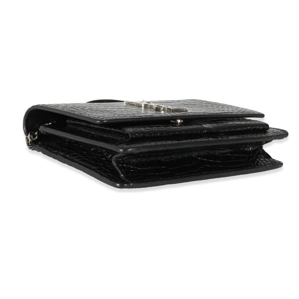 129313 clasp Saint Laurent Black Croc Embossed Small Sunset Chain Wallet