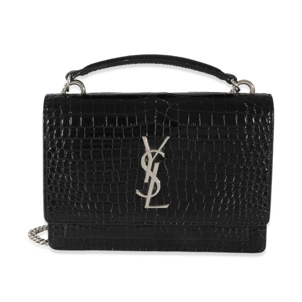 129313 fv Saint Laurent Black Croc Embossed Small Sunset Chain Wallet