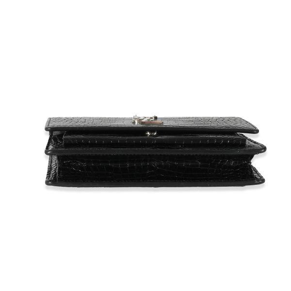 129313 stamp Saint Laurent Black Croc Embossed Small Sunset Chain Wallet