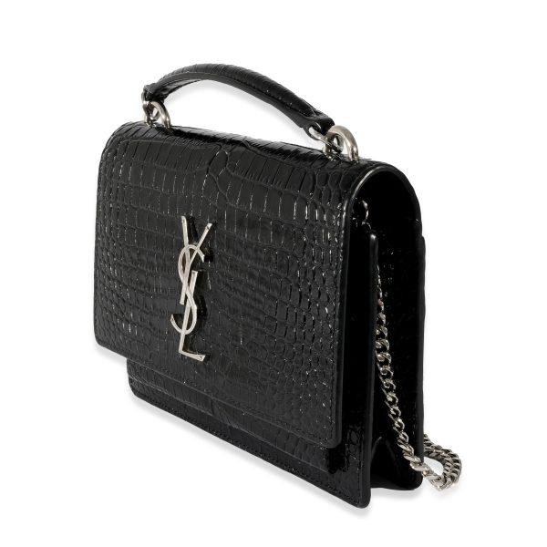 129313 sv Saint Laurent Black Croc Embossed Small Sunset Chain Wallet