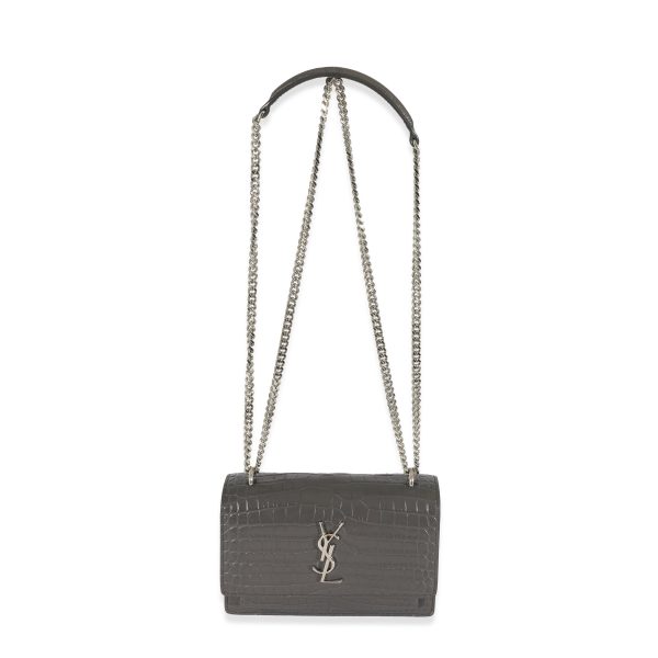 129376 bv 3805503d 5a48 4c97 9f80 3babb582f63d Saint Laurent Grey Croc Embossed Leather Mini Sunset Chain Bag