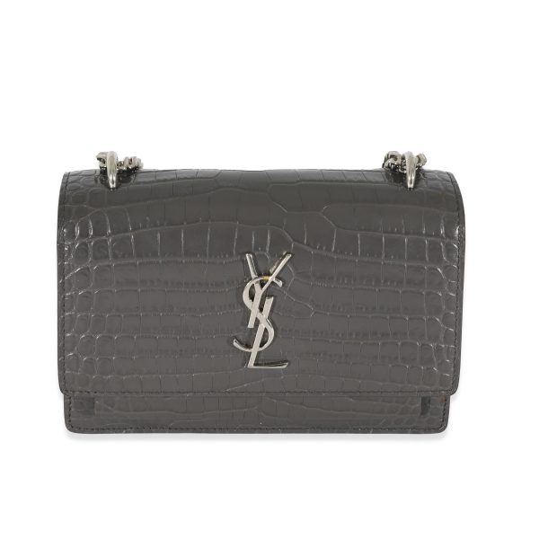 129376 fv ae8f666f 9c37 4293 b2ae 9e440130ffef Saint Laurent Grey Croc Embossed Leather Mini Sunset Chain Bag