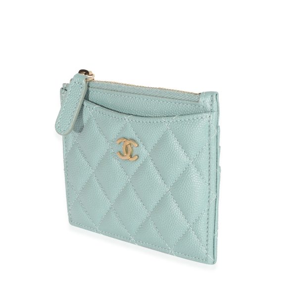 129486 sv Chanel CC Green Glitter Caviar Zip Card Holder