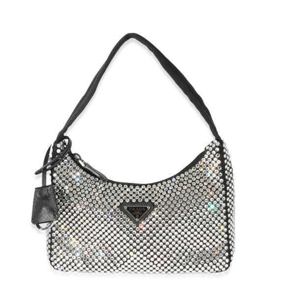 129501 fv Prada Black Satin Crystal Re Edition 2000 Mini Bag