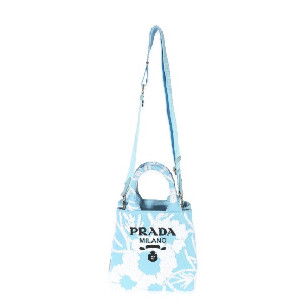 129577 bv 3732b603 7513 4ed9 910f b296419b977c Prada Blue White Embroidered Drill Top Handle