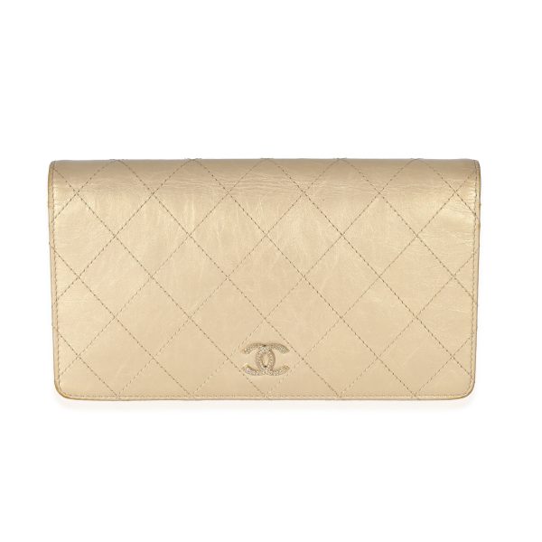 129868 fv Chanel Metallic Gold Diamond Stitch Leather L Yen Wallet