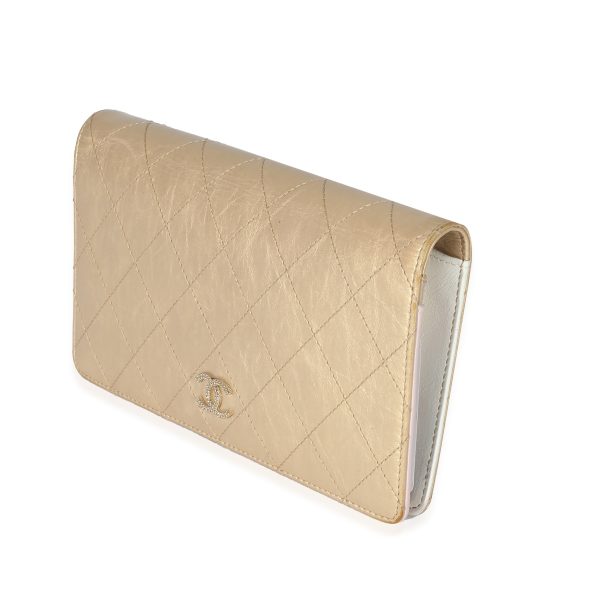 129868 sv Chanel Metallic Gold Diamond Stitch Leather L Yen Wallet