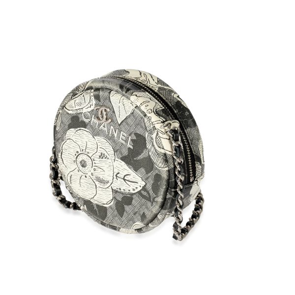 129954 sv 53e8955b 6da2 4cb1 b630 350fb1e10761 Chanel Black White Lambskin Floral CC Round Clutch With Chain