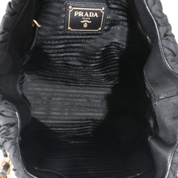 130073 ad2 Prada Black Nylon Ruched Chain Tote