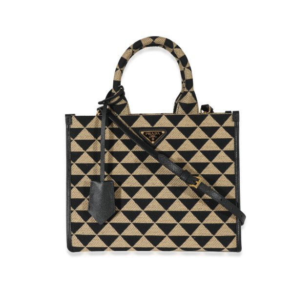 130112 fv Prada Small Black Beige Embroidered Canvas Symbole Tote