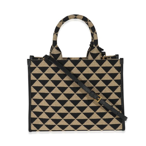 130112 pv Prada Small Black Beige Embroidered Canvas Symbole Tote