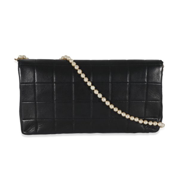 130284 pv Chanel Vintage Black Lambskin Square Quilted Pearl Chain Clutch