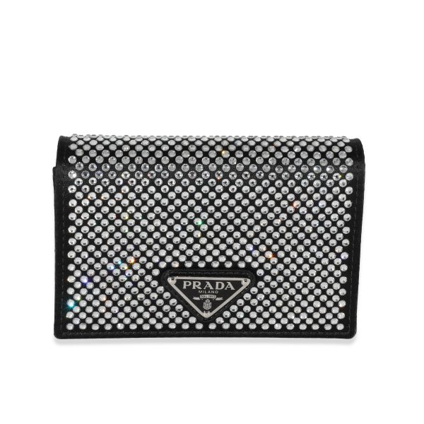 130344 fv 723af1f1 1396 485a b477 e6d18a749e0e Prada Black Satin Crystal Card Holder With Chain