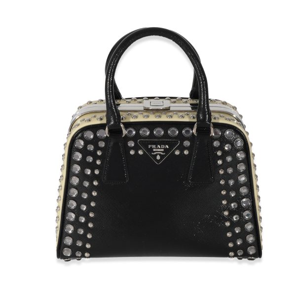 130513 fv 85507cd5 450d 45ad 91c4 db23731efcdb Prada Black White Saffiano Patent Pyramid Studded Frame Satchel