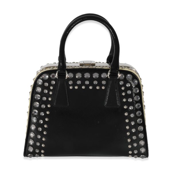 130513 pv 2f3e5bb4 57d5 431d 821b cfa70db917f0 Prada Black White Saffiano Patent Pyramid Studded Frame Satchel