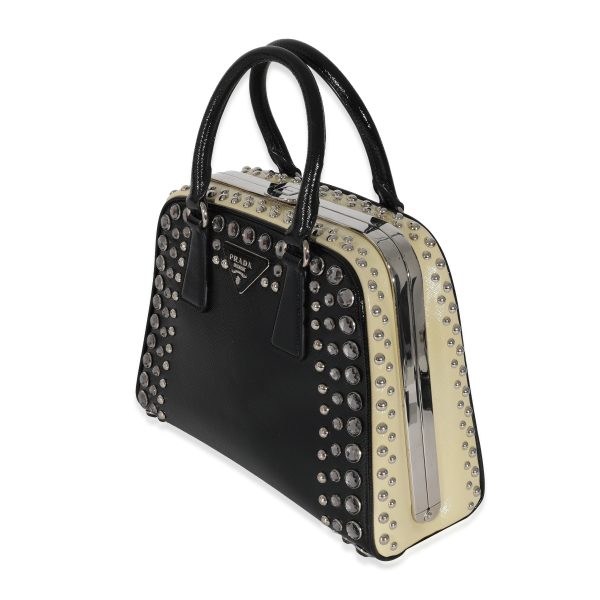 130513 sv aaead2e7 8281 4a4f aa88 f29e6212910c Prada Black White Saffiano Patent Pyramid Studded Frame Satchel