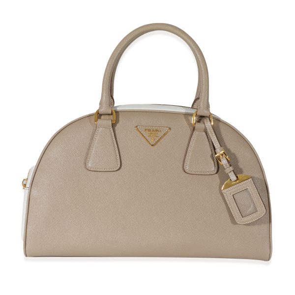 130547 fv f3ef7e66 9878 49ee 837e dfda51f7611a Prada Beige White Bicolor Saffiano Lux Bowler Bag