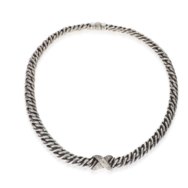 130755 pv David Yurman Vintage Wheat Chain Diamond X Necklace in Sterling Silver 063 CTW