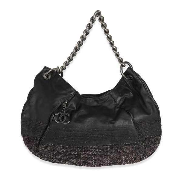 130785 fv Chanel Black Tweed Leather Coco Pleats Hobo