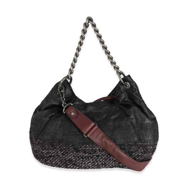 130785 pv Chanel Black Tweed Leather Coco Pleats Hobo