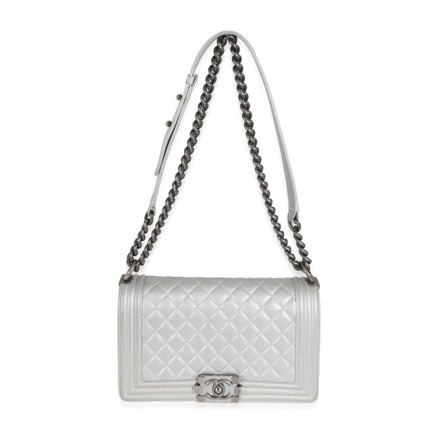 130806 ad1 Chanel Silver Calfskin Medium Boy Bag