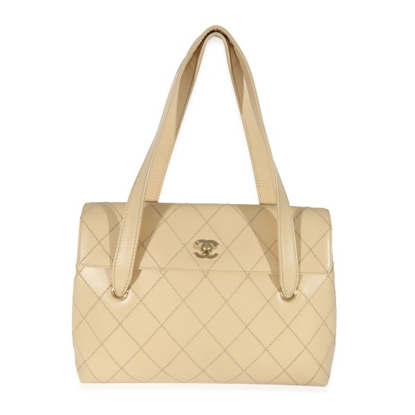 130943 fv Chanel Vintage Beige Lambskin Whipstitch Quilted Tote