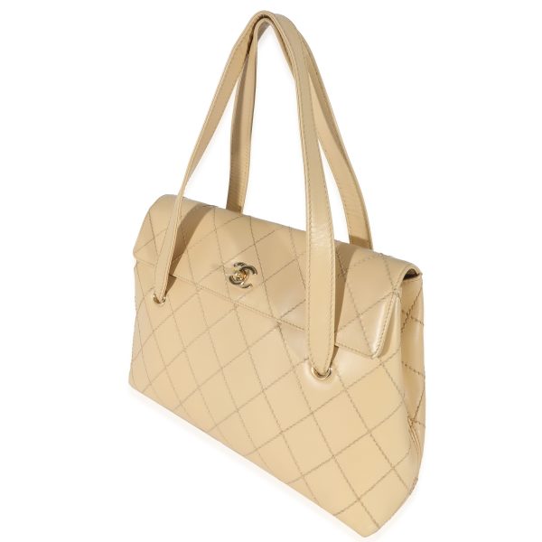 130943 sv Chanel Vintage Beige Lambskin Whipstitch Quilted Tote