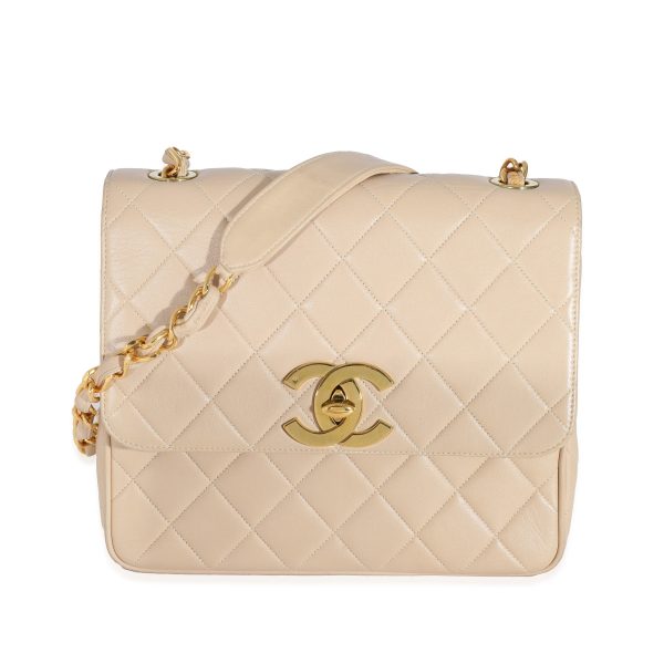 130948 fv Chanel Vintage Beige Lambskin Jumbo 24k CC Square Flap Bag