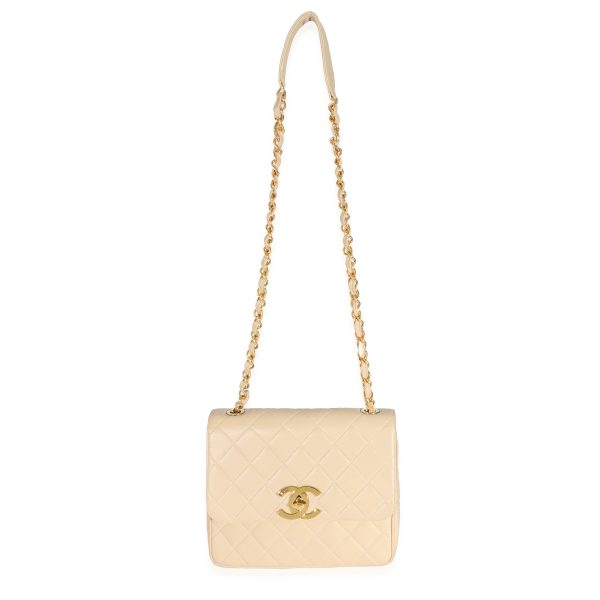 130948 stamp Chanel Vintage Beige Lambskin Jumbo 24k CC Square Flap Bag