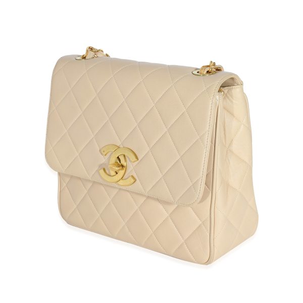 130948 sv Chanel Vintage Beige Lambskin Jumbo 24k CC Square Flap Bag