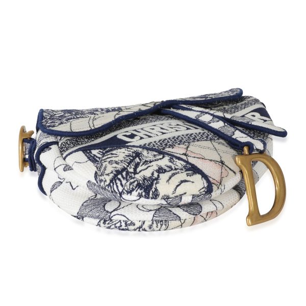 131339 clasp Christian Dior Navy White Embroidered Canvas Around The World Saddle Bag