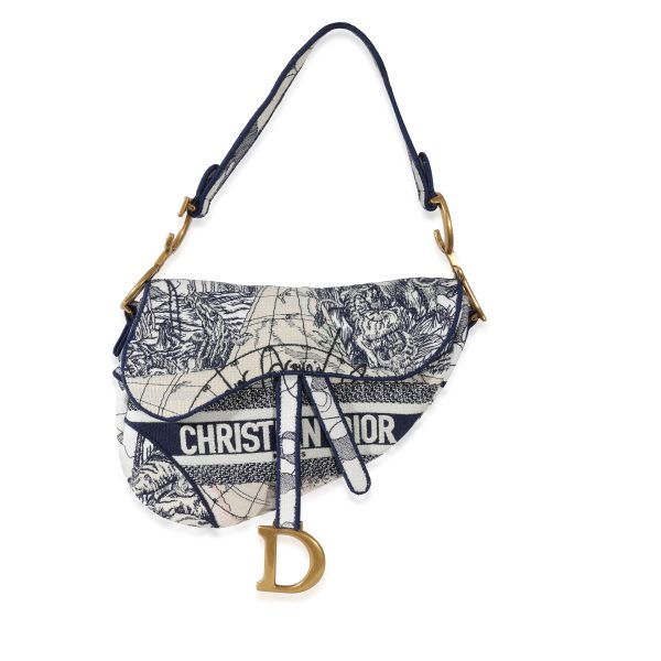 131339 fv Christian Dior Navy White Embroidered Canvas Around The World Saddle Bag