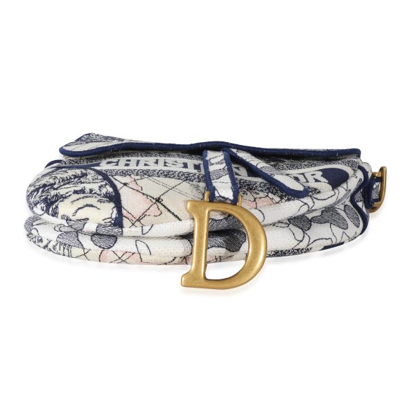 131339 stamp Christian Dior Navy White Embroidered Canvas Around The World Saddle Bag