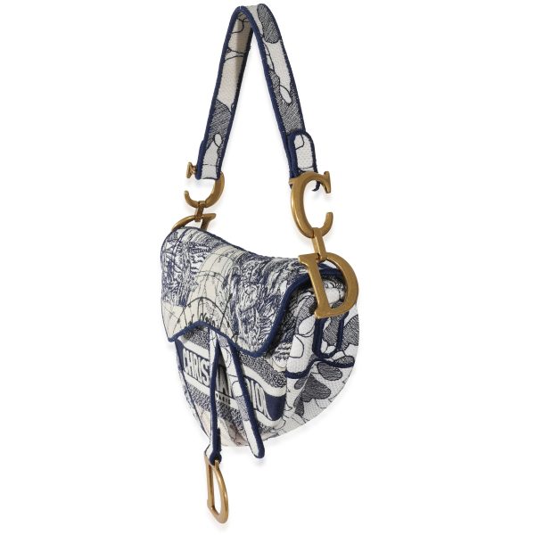 131339 sv Christian Dior Navy White Embroidered Canvas Around The World Saddle Bag