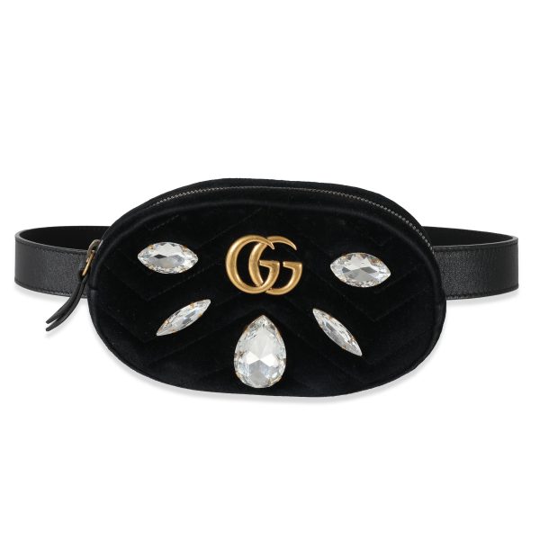 131340 fv 338567a2 5d38 4dda 9451 5f412423b2cd Gucci Black Matelassé Velvet Marquise Crystal GG Marmont Belt Bag