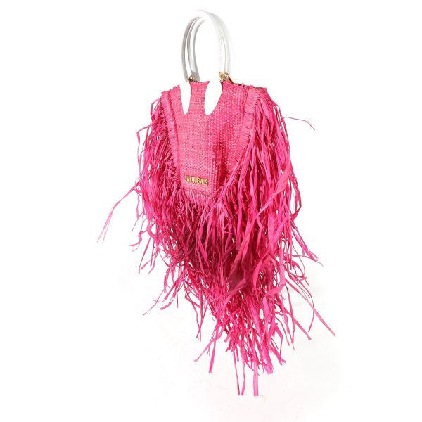 131341 sv Jacquemus White Leather Pink Straw Fringed Le Petit Baci Bag