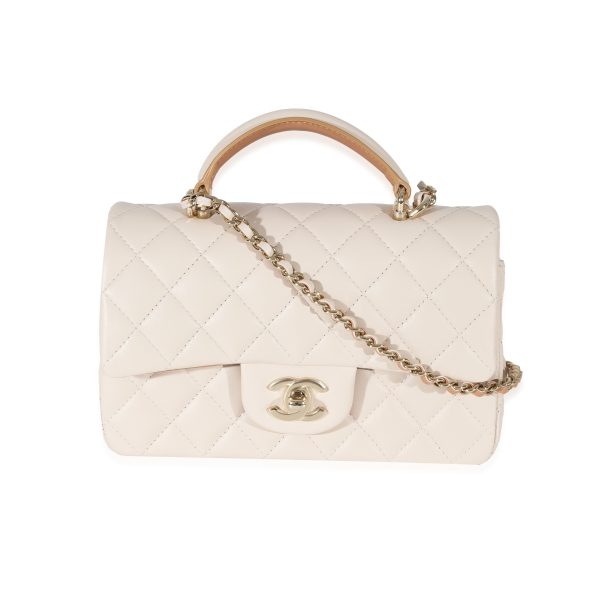 131361 fv Chanel Beige Brown Quilted Bi Color Lambskin Mini Top Handle Rectangular Flap