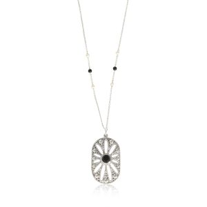 131474 fv Tiffany Co Ziegfeld Pearl Onyx Daisy Cartouche Necklace in Sterling Silver