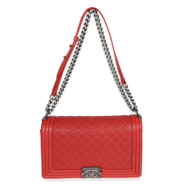 131486 av Chanel 16A Red Quilted Caviar New Medium Boy Bag