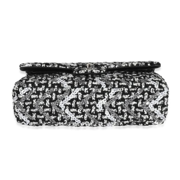 131493 stamp c1fa3493 a7b8 4bc0 9cef 19a578287e5a Chanel Black White Crochet Sequin Medium Double Flap