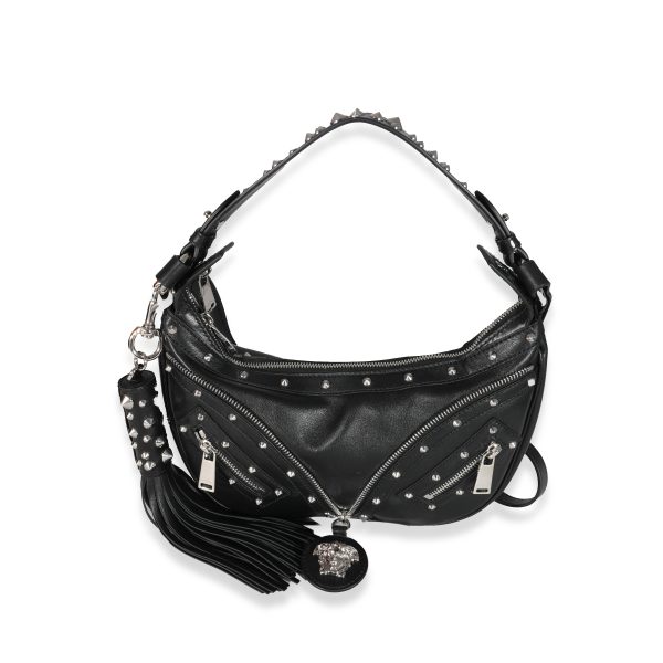 131529 fv Versace Black Studded Calfskin Small Medusa Repeat Hobo