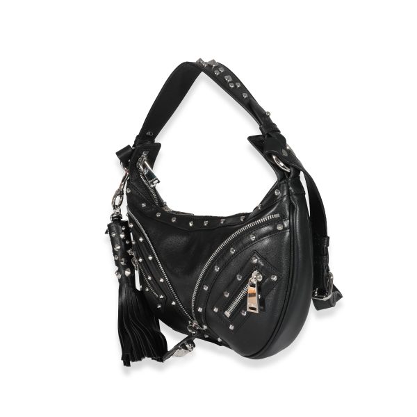 131529 sv Versace Black Studded Calfskin Small Medusa Repeat Hobo