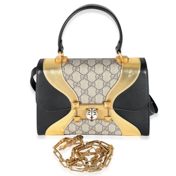 131596 ad1 bc0da1c9 ea94 4e3b 8d44 ee57e317ab2b Gucci Black Gold Leather GG Supreme Osiride Small Top Handle Bag