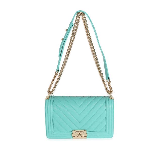 131629 bv 951c1157 d38a 4dbf b10c 46b7854987d0 Chanel 19S Teal Chevron Caviar Medium Boy Bag